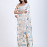 White Dhakai Jamdani Saree with Blue and White Floral Motifs Front
