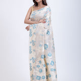 White Dhakai Jamdani Saree with Blue and White Floral Motifs Front
