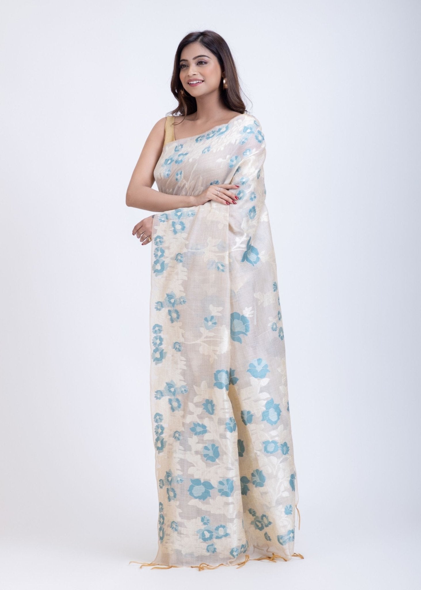 White Dhakai Jamdani Saree with Blue and White Floral Motifs - Anvi Couture