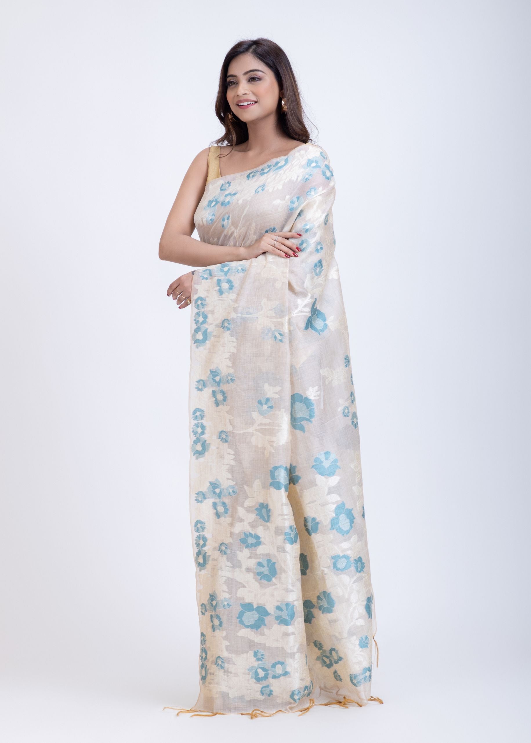White Dhakai Jamdani Saree with Blue and White Floral Motifs Front
