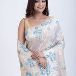 White Dhakai Jamdani Saree with Blue and White Floral Motifs Close Up
