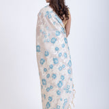 White Dhakai Jamdani Saree with Blue and White Floral Motifs Back

