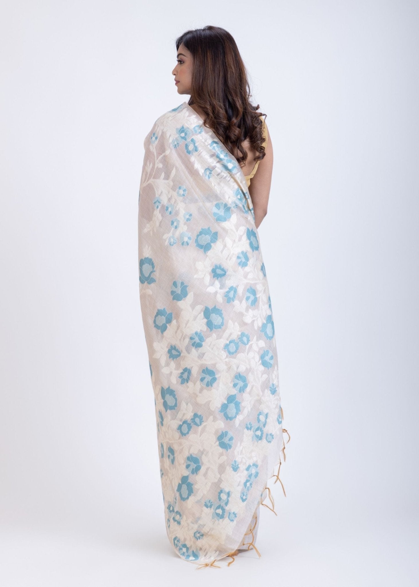 White Dhakai Jamdani Saree with Blue and White Floral Motifs - Anvi Couture