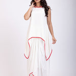 White Drape Skirt Set With Hand Embroidered Long Top Full