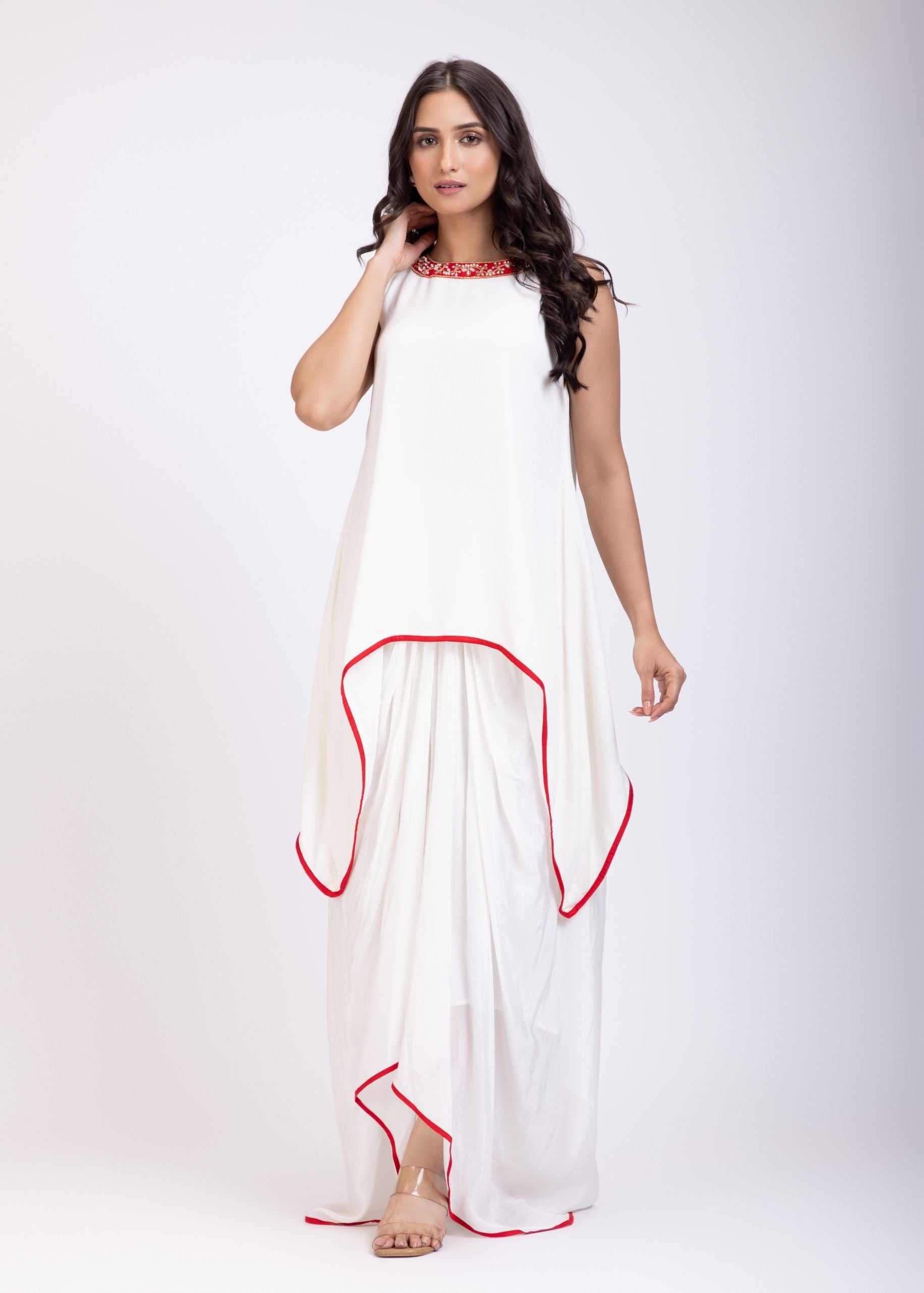 White Drape Skirt Set With Hand Embroidered Long Top Full