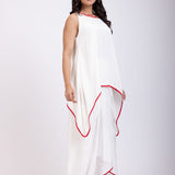 White Drape Skirt Set With Hand Embroidered Long Top Side