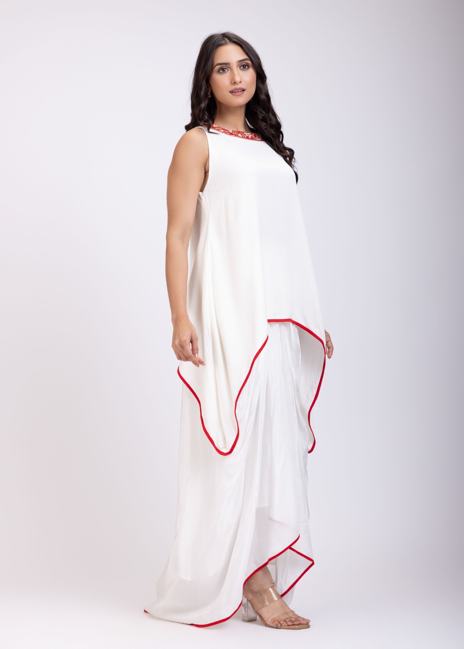 White Drape Skirt Set With Hand Embroidered Long Top Side