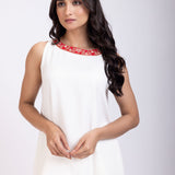 White Drape Skirt Set With Hand Embroidered Long Top Close Up
