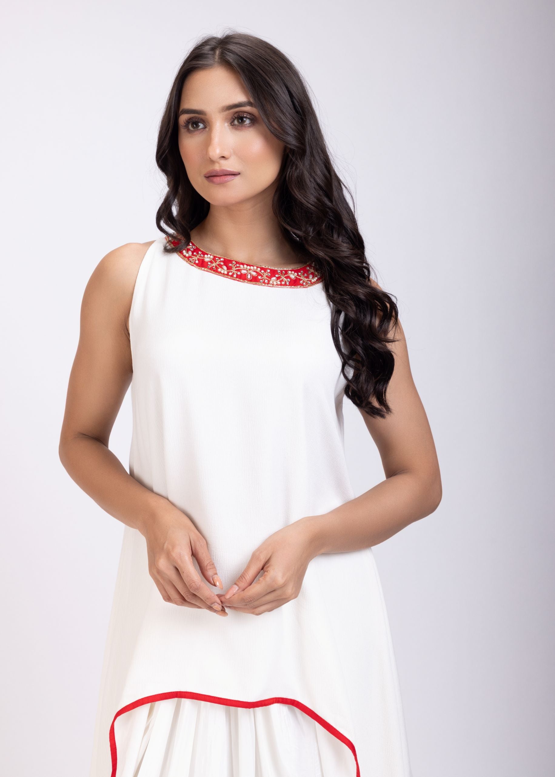 White Drape Skirt Set With Hand Embroidered Long Top Close Up