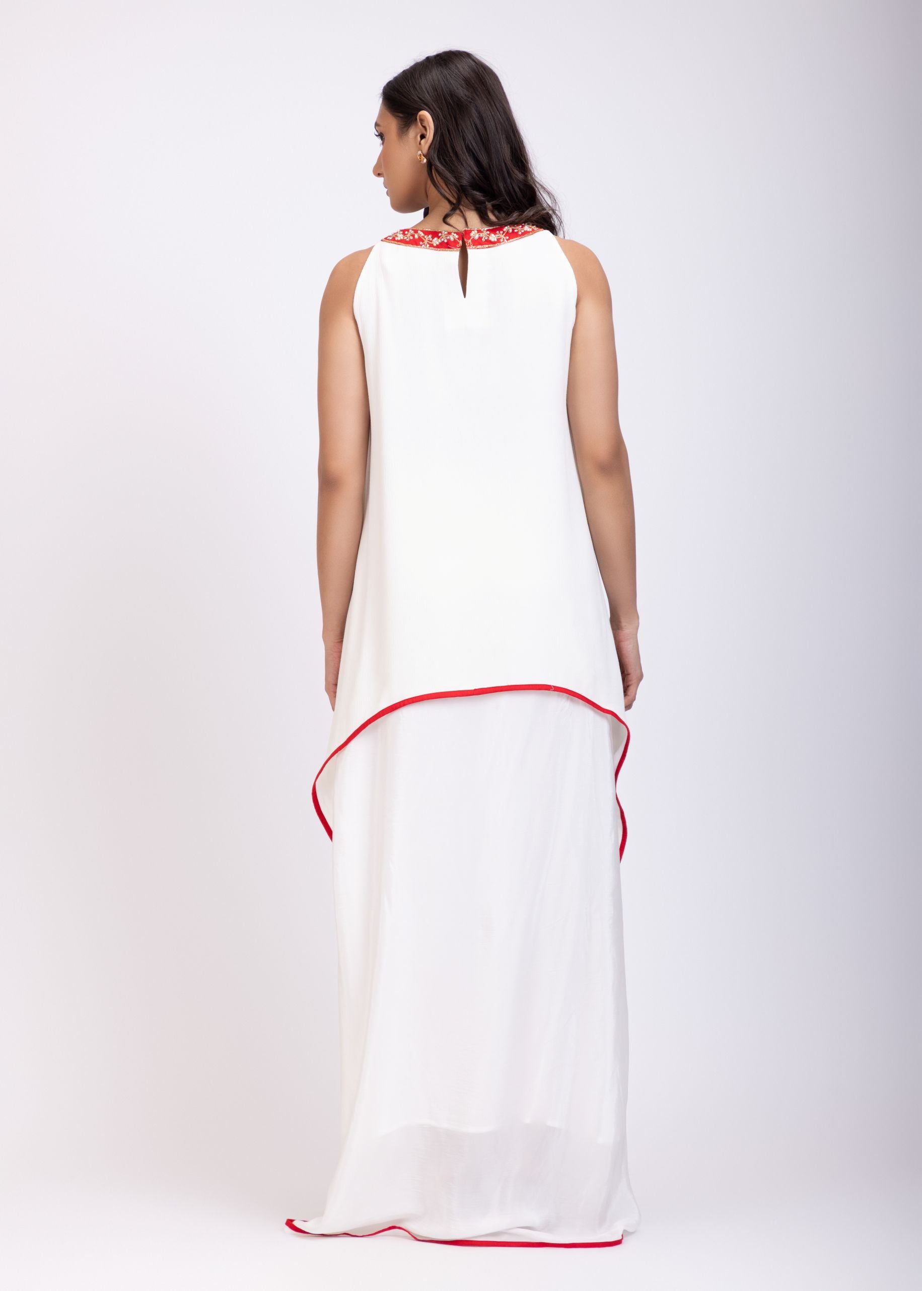 White Drape Skirt Set With Hand Embroidered Long Top Back