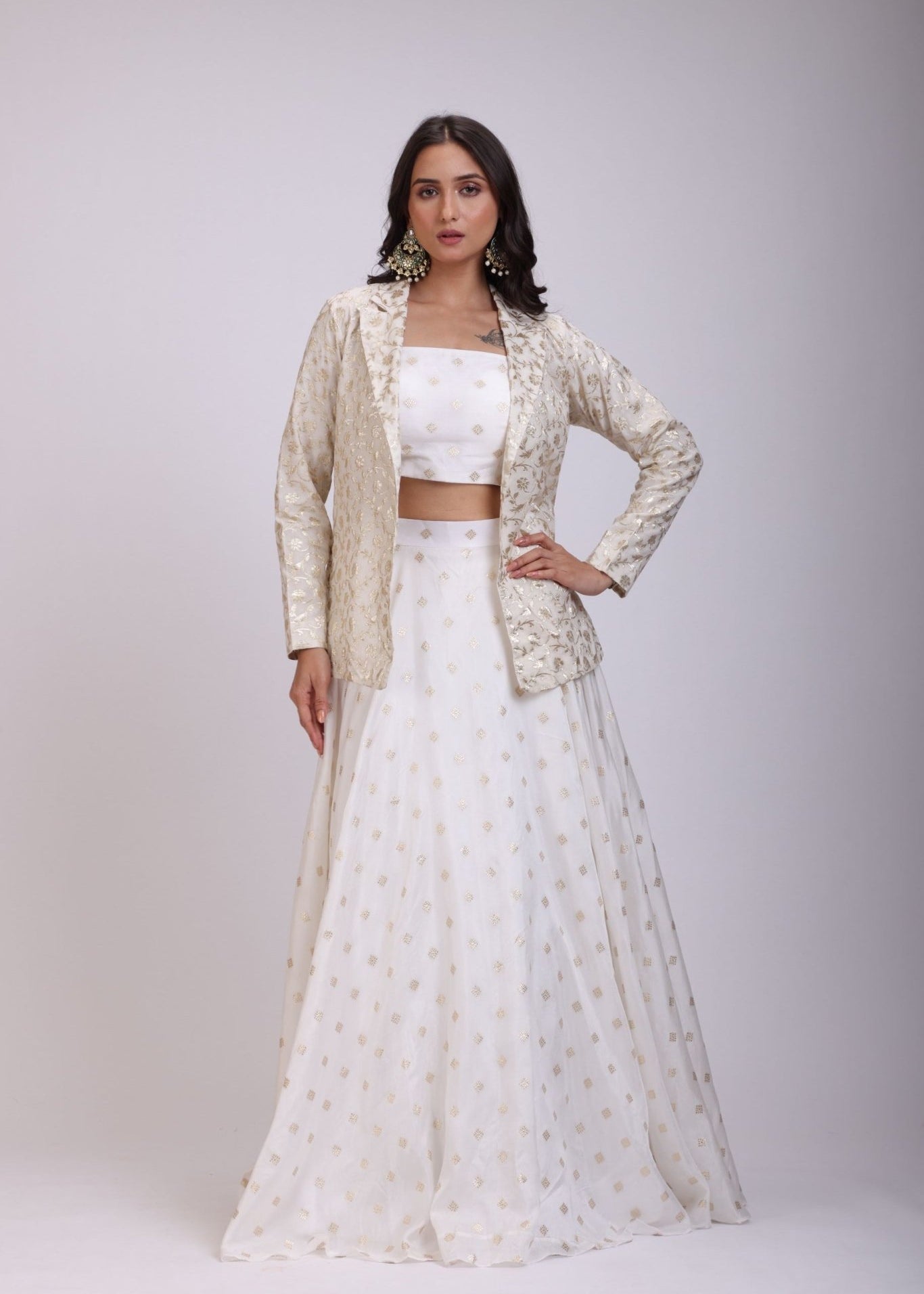 White Embroidered Jacket Lehenga Set - Anvi Couture