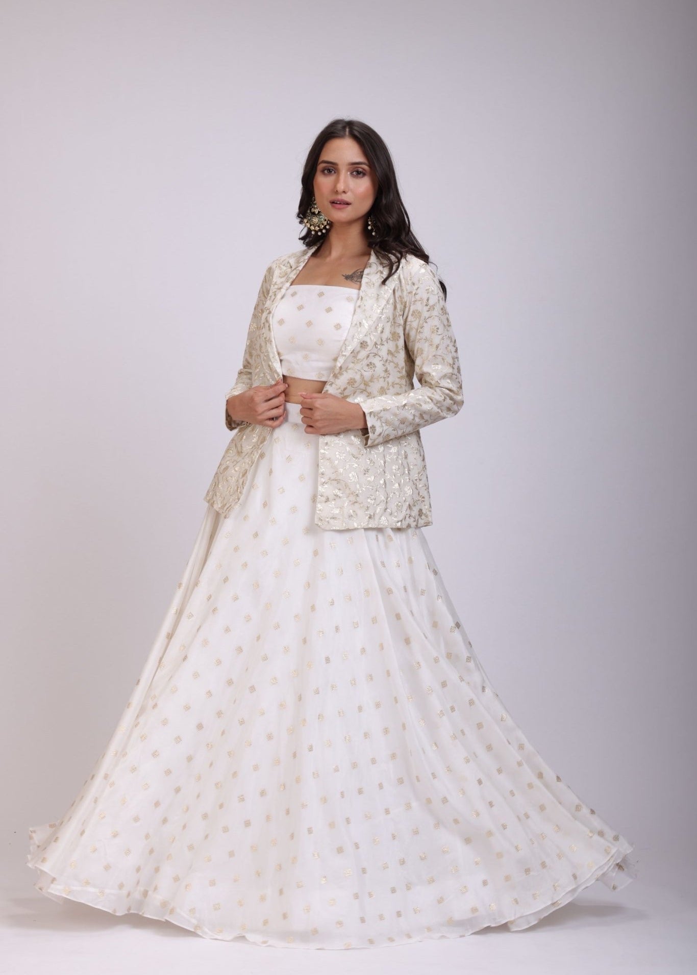 White Embroidered Jacket Lehenga Set - Anvi Couture