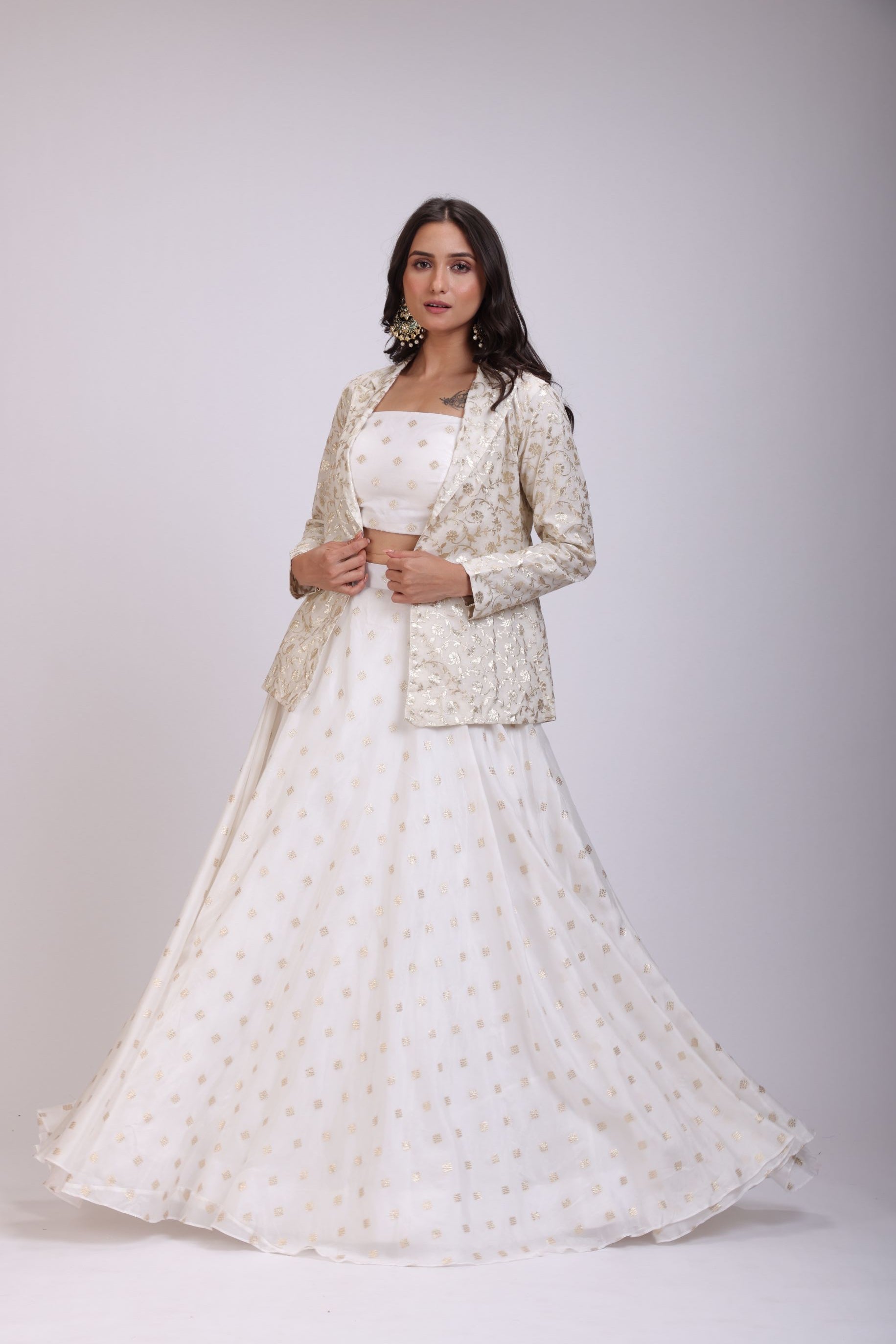 White Embroidered Jacket Lehenga Set front