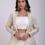 White Embroidered Jacket Lehenga Set close up