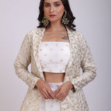 White Embroidered Jacket Lehenga Set close up