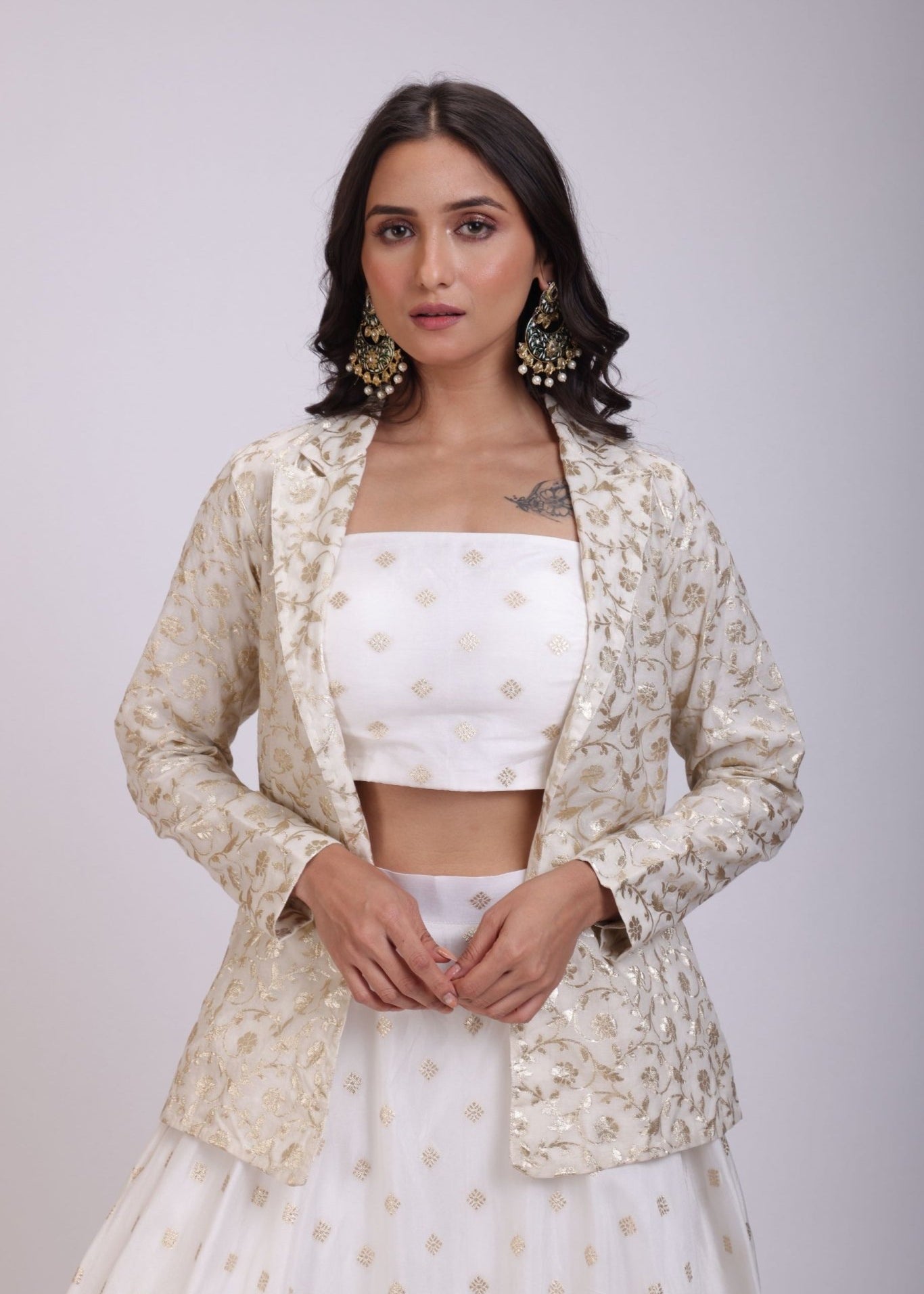 White Embroidered Jacket Lehenga Set - Anvi Couture