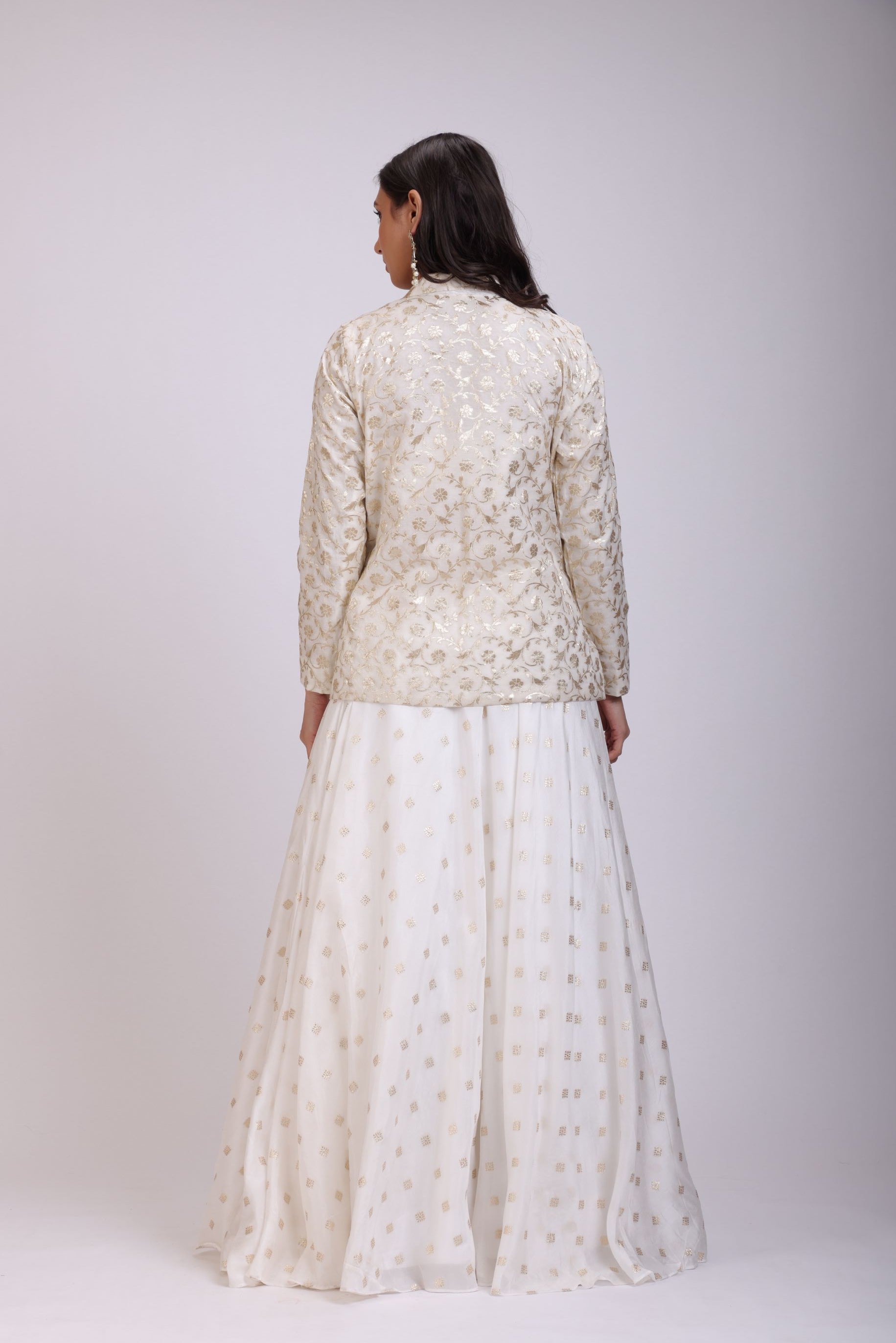 White Embroidered Jacket Lehenga Set back