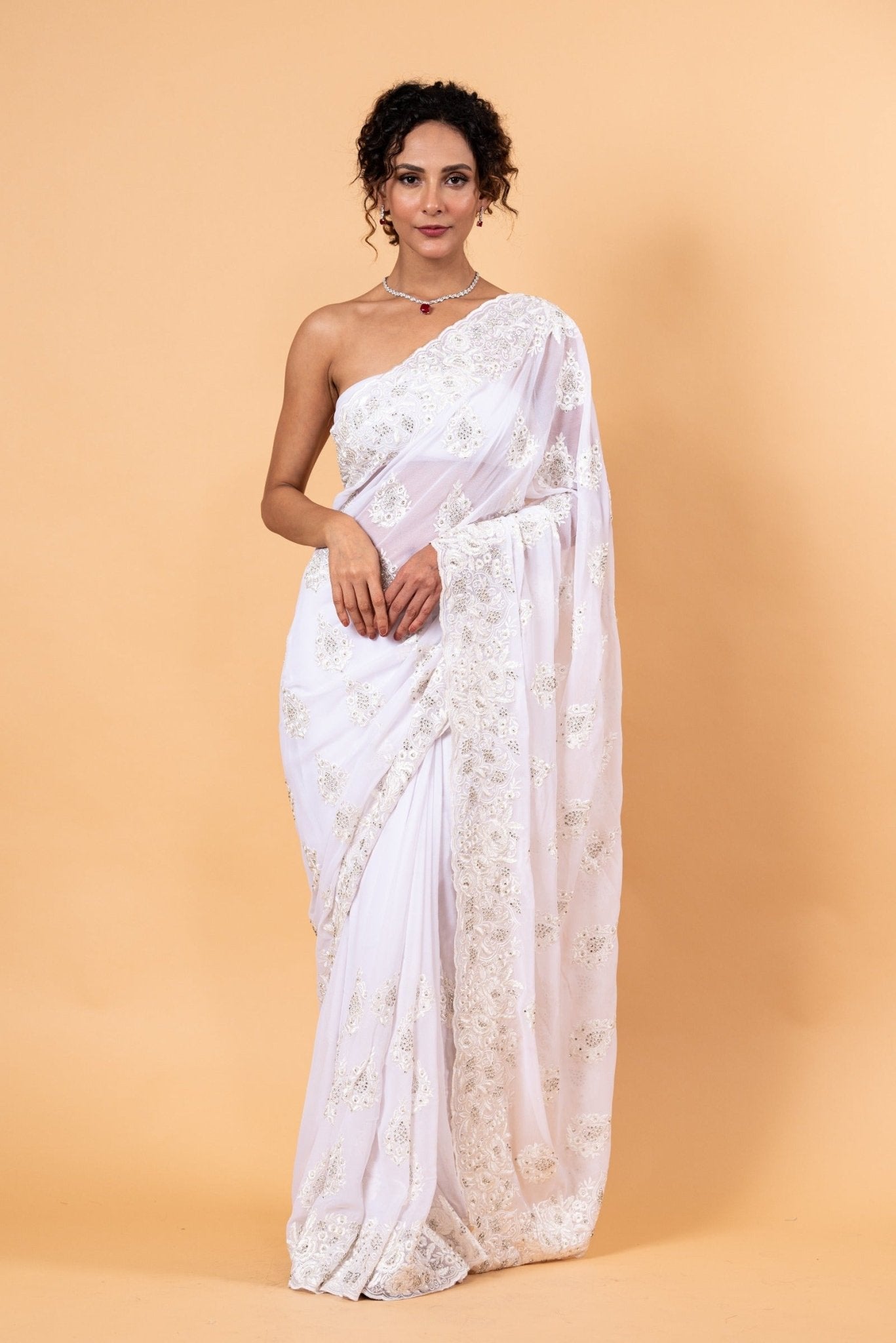 White Floral Embroidered Net Saree with Unstitch Blouse 