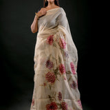 White Floral Saree in Cotton Silk Full
