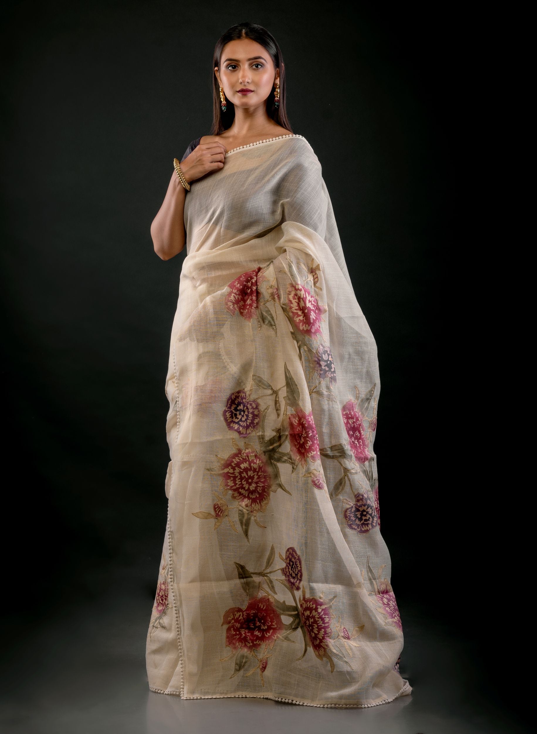 White Floral Saree in Cotton Silk Full

