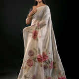 White Floral Saree in Cotton Silk Front

