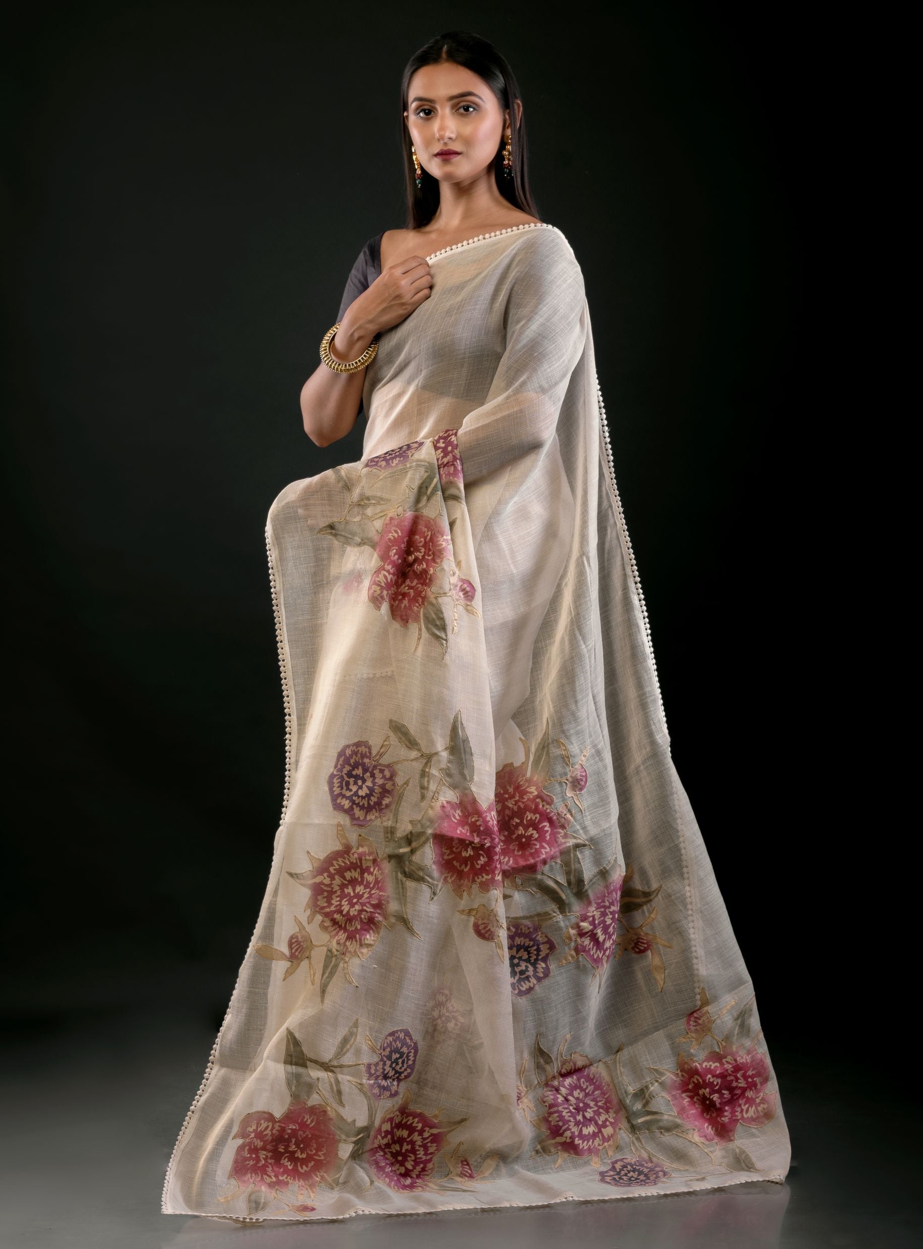 White Floral Saree in Cotton Silk Front
