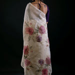 White Floral Saree in Cotton Silk Back
