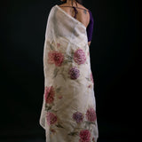White Floral Saree in Cotton Silk Back
