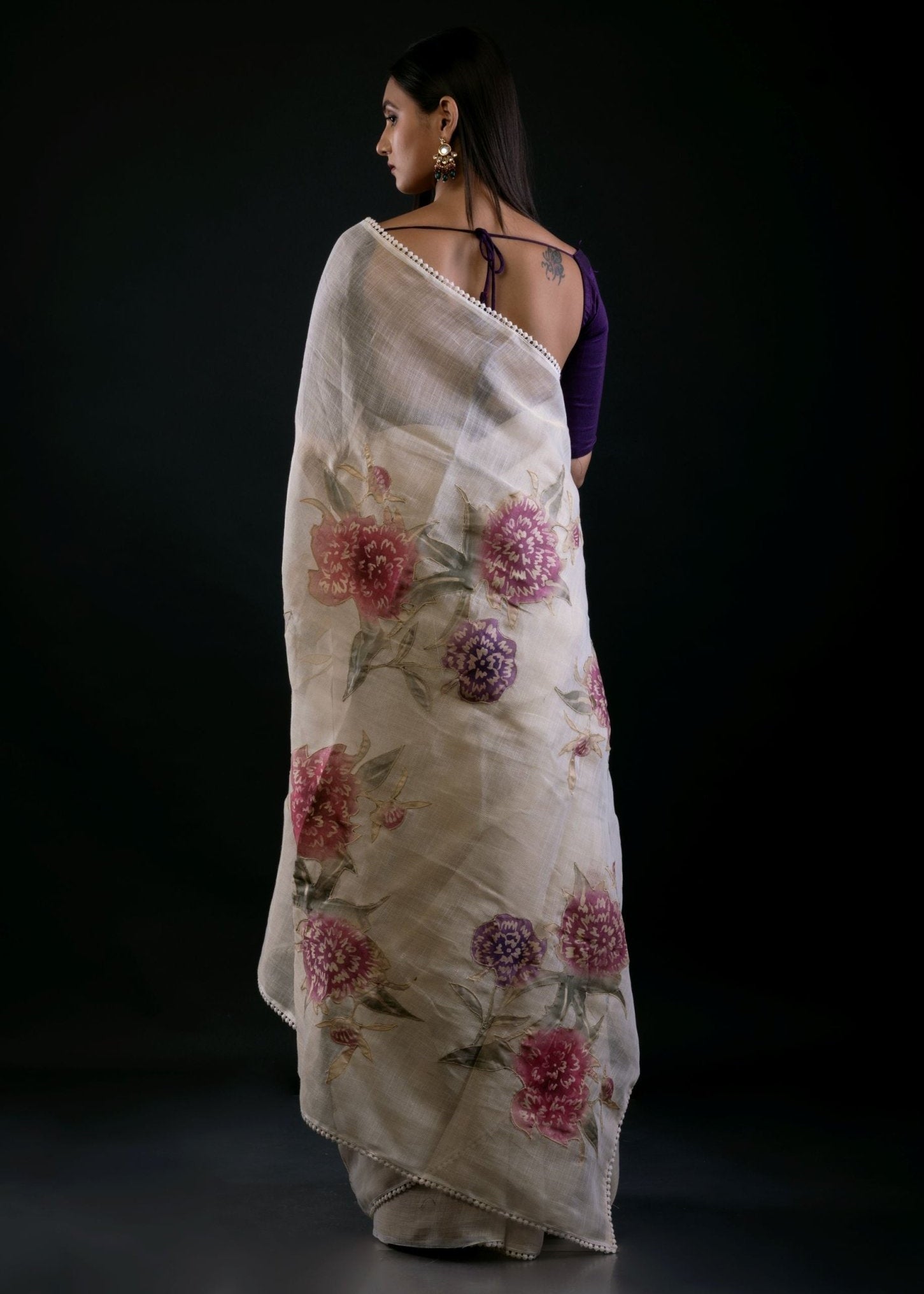 White Floral Saree in Cotton Silk - Anvi Couture