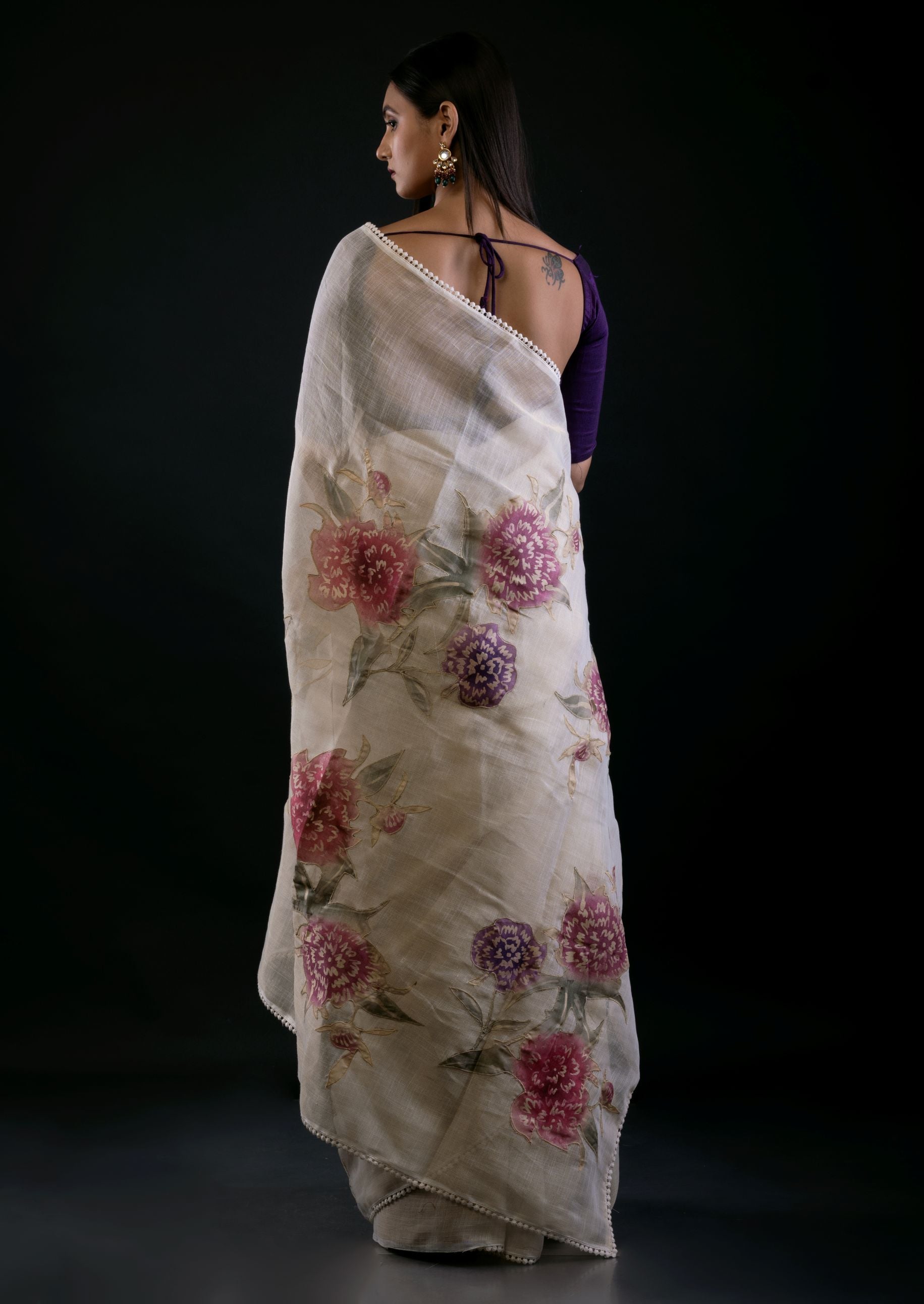 White Floral Saree in Cotton Silk Back
