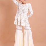 White Georgette Peplum Sharara Set with Gota Patti work - Anvi Couture