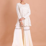 White Georgette Peplum Sharara Set with Gota Patti work - Anvi Couture