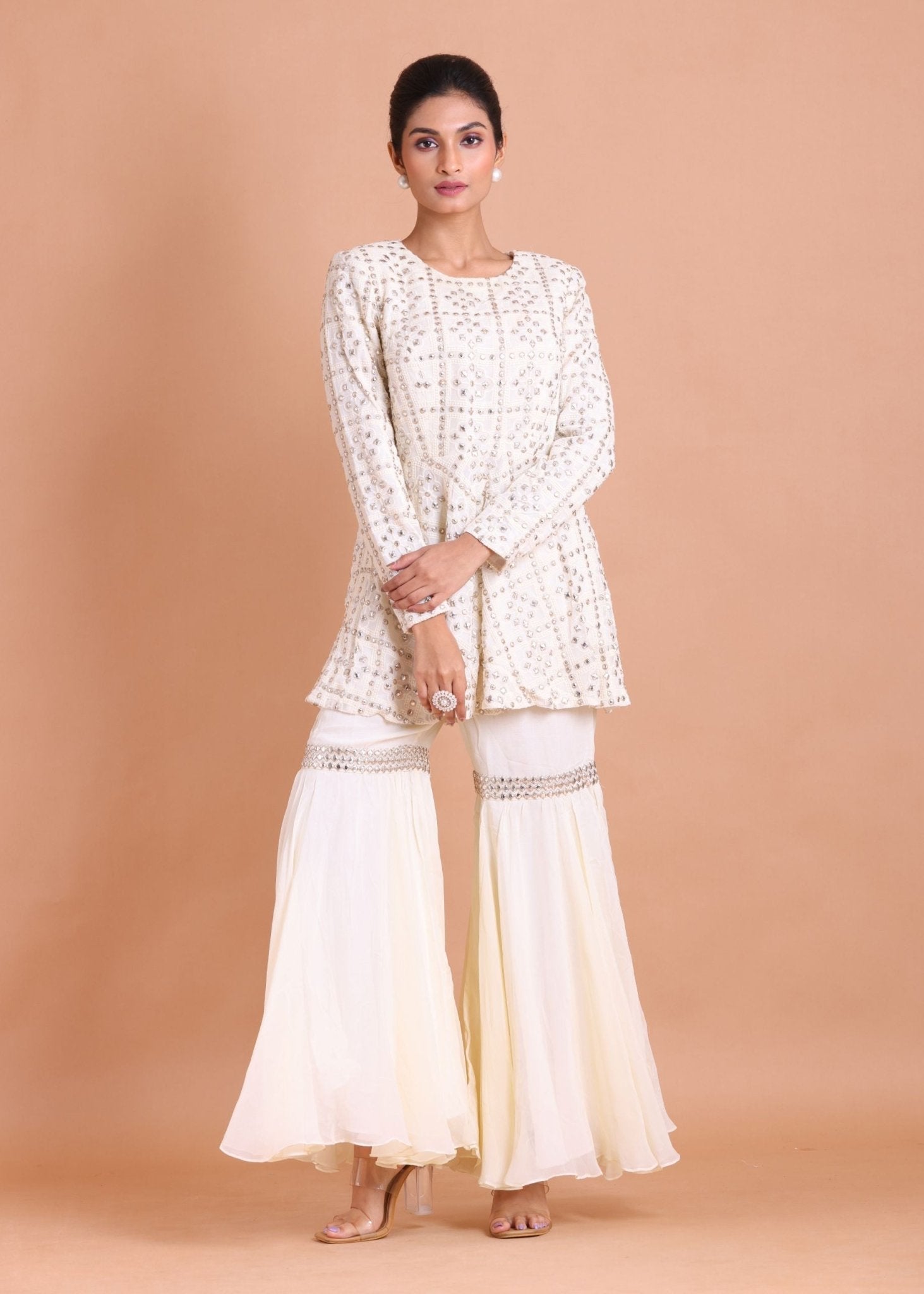 White Georgette Peplum Sharara Set with Gota Patti work - Anvi Couture