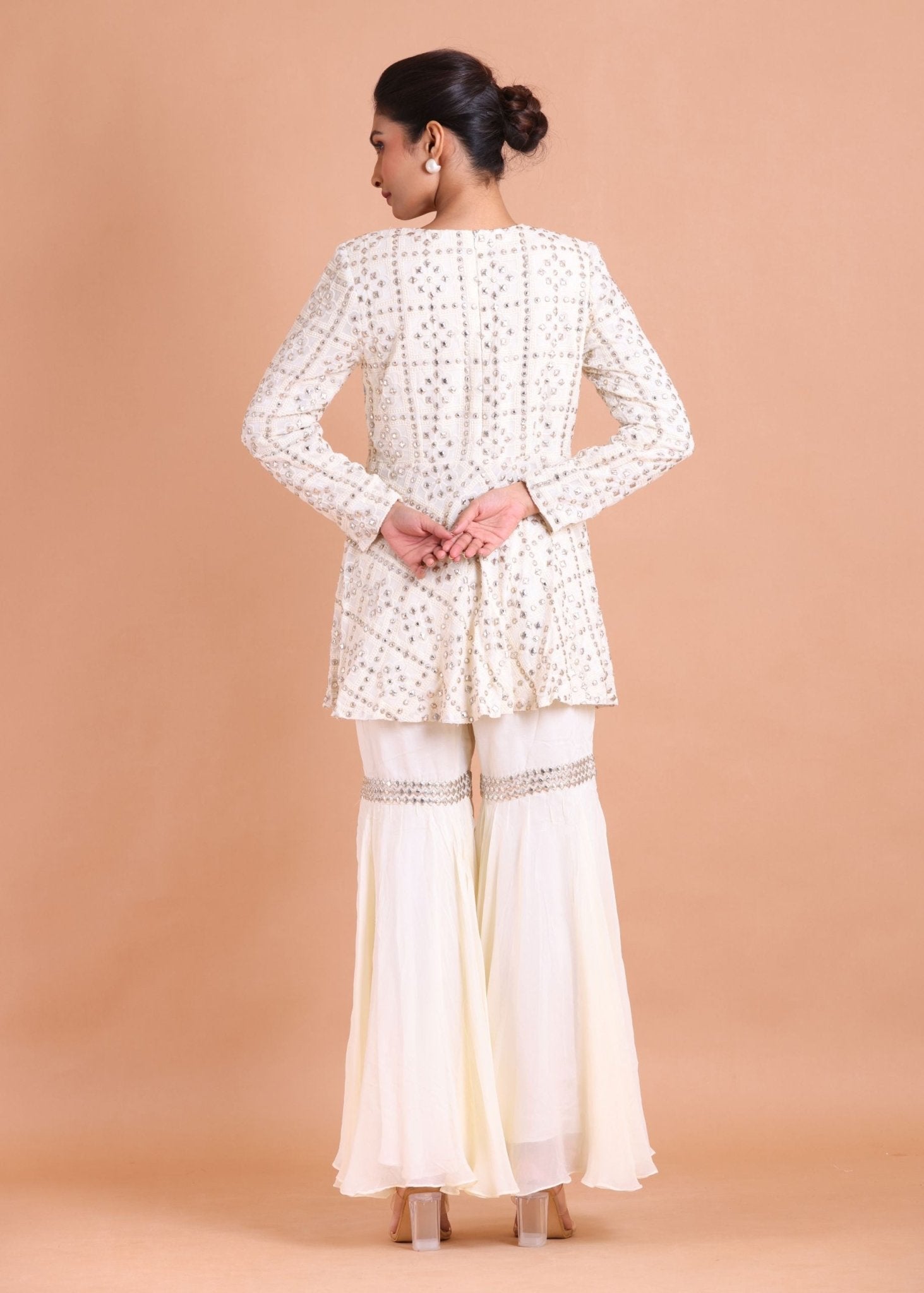 White Georgette Peplum Sharara Set with Gota Patti work - Anvi Couture