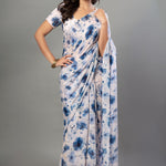 White Georgette Saree with Blue Floral Print - Anvi Couture