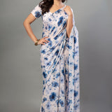 White Georgette Saree with Blue Floral Print - Anvi Couture