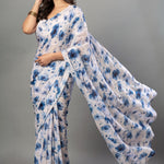 White Georgette Saree with Blue Floral Print - Anvi Couture