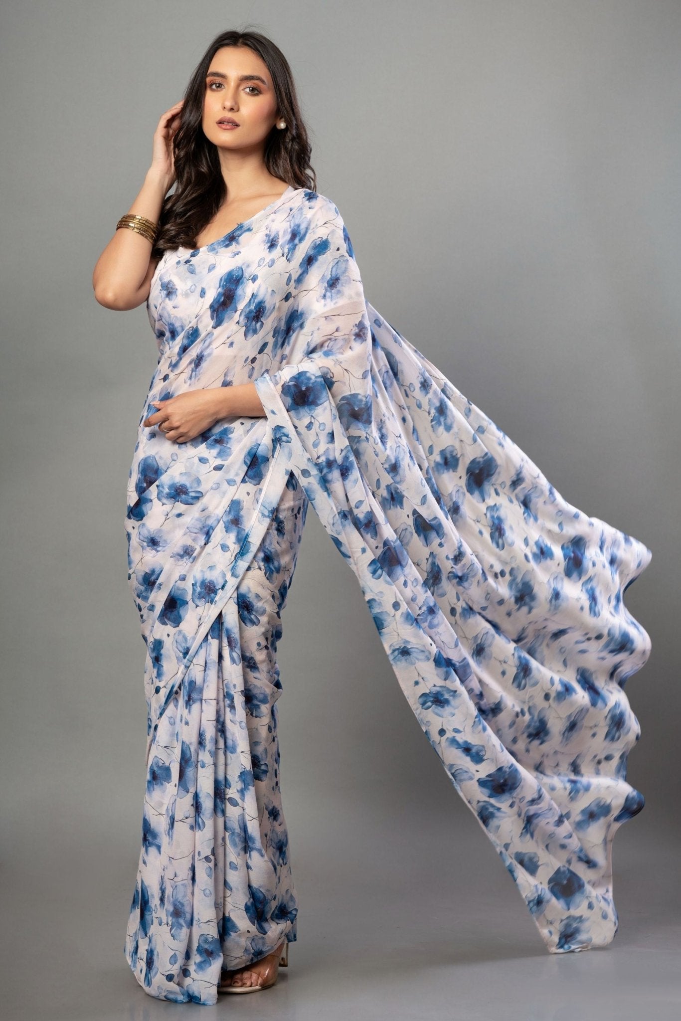 White Georgette Saree with Blue Floral Print - Anvi Couture