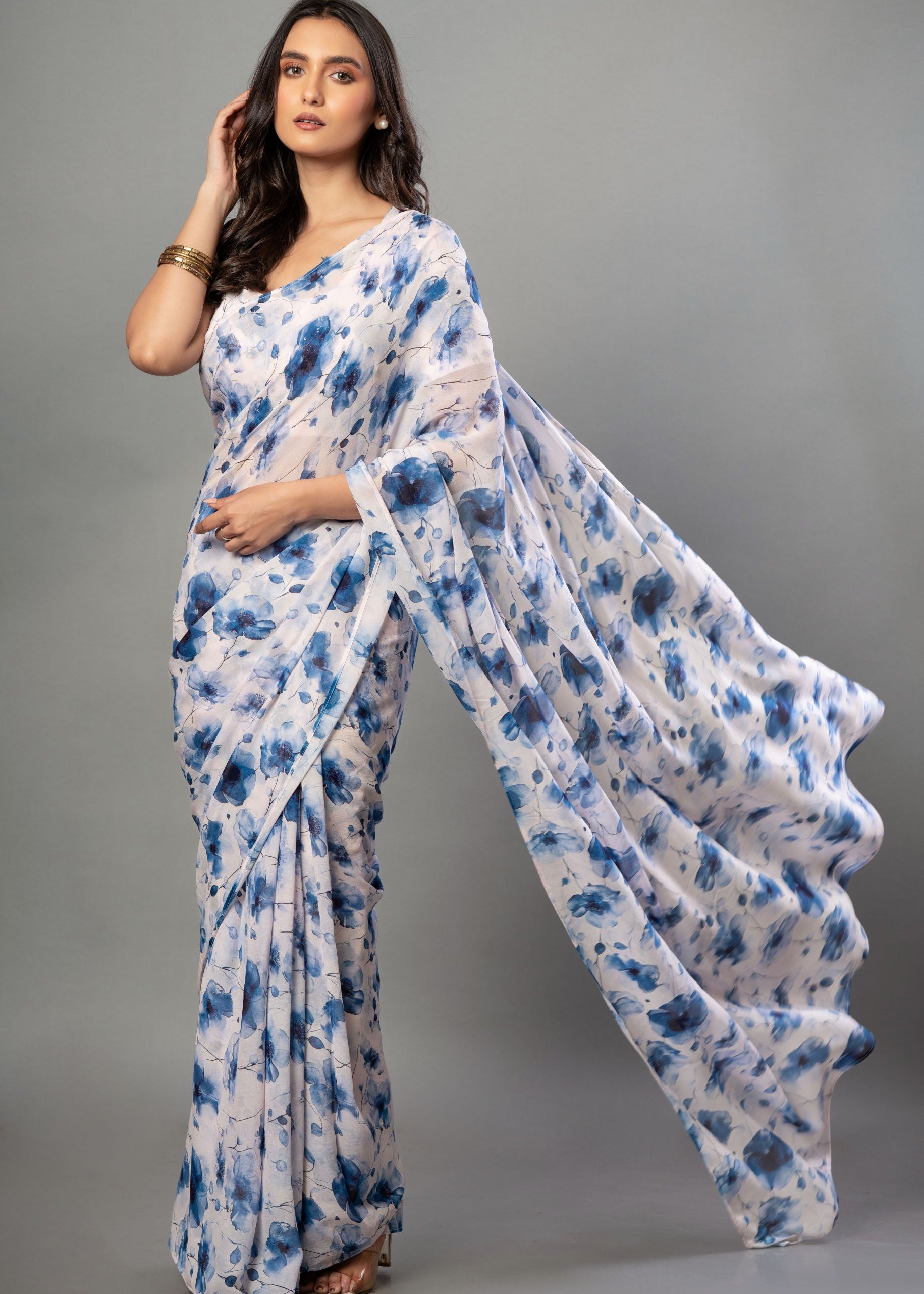 White Georgette Saree with Blue Floral Print 2
