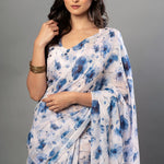 White Georgette Saree with Blue Floral Print - Anvi Couture