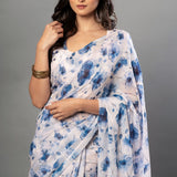 White Georgette Saree with Blue Floral Print - Anvi Couture