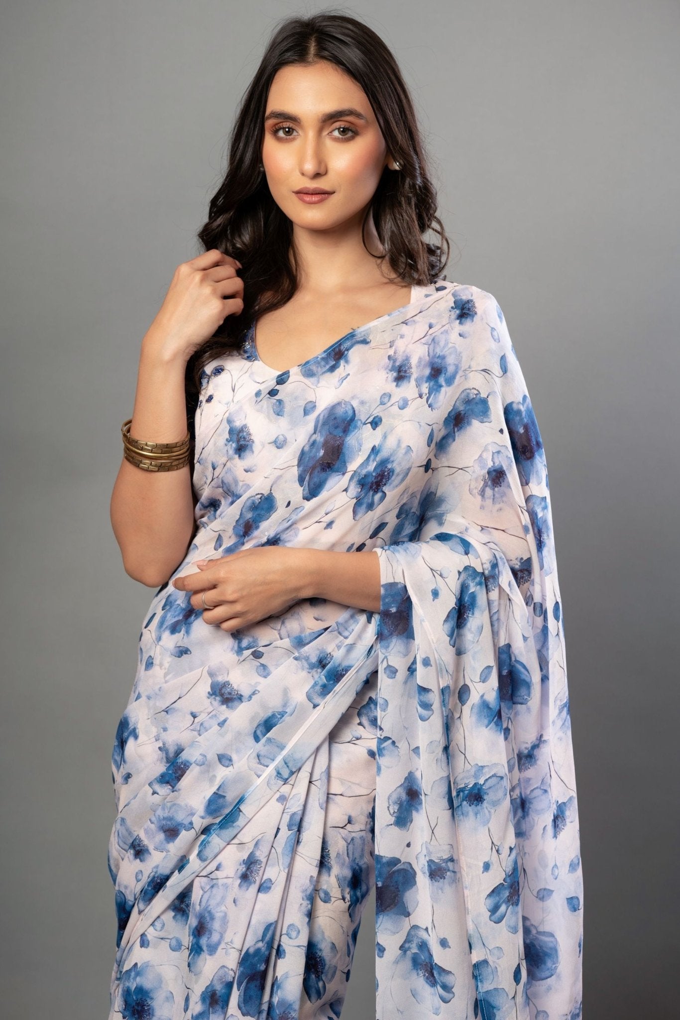 White Georgette Saree with Blue Floral Print - Anvi Couture