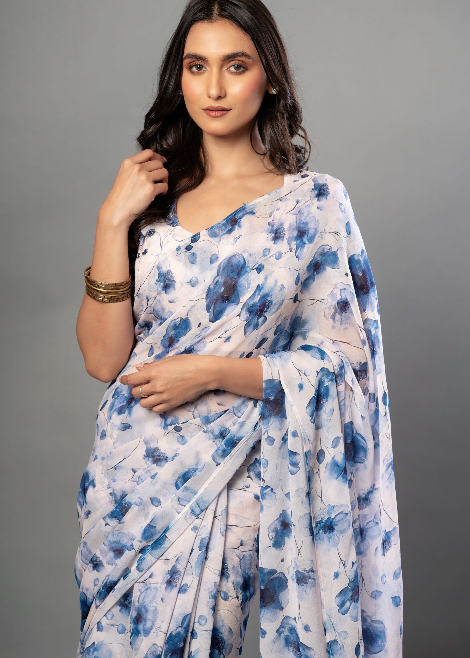 White Georgette Saree with Blue Floral Print 3
