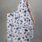 White Georgette Saree with Blue Floral Print - Anvi Couture