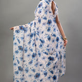 White Georgette Saree with Blue Floral Print - Anvi Couture