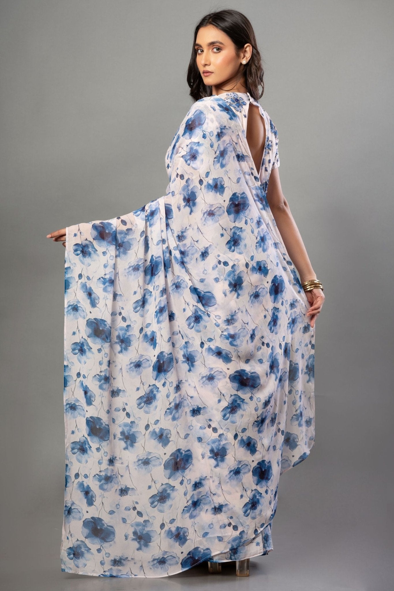 White Georgette Saree with Blue Floral Print - Anvi Couture
