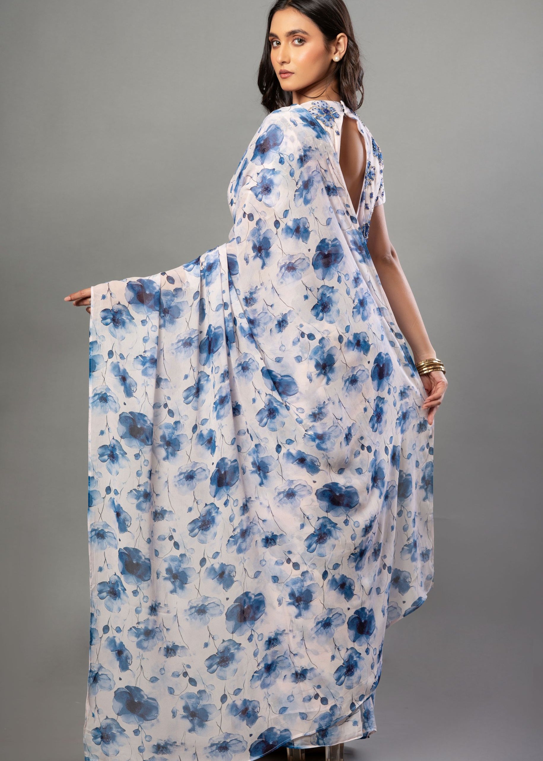 White Georgette Saree with Blue Floral Print 4
