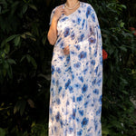 White Georgette Saree with Blue Floral Print - Anvi Couture