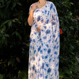 White Georgette Saree with Blue Floral Print - Anvi Couture