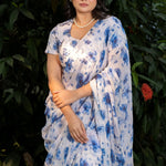 White Georgette Saree with Blue Floral Print - Anvi Couture